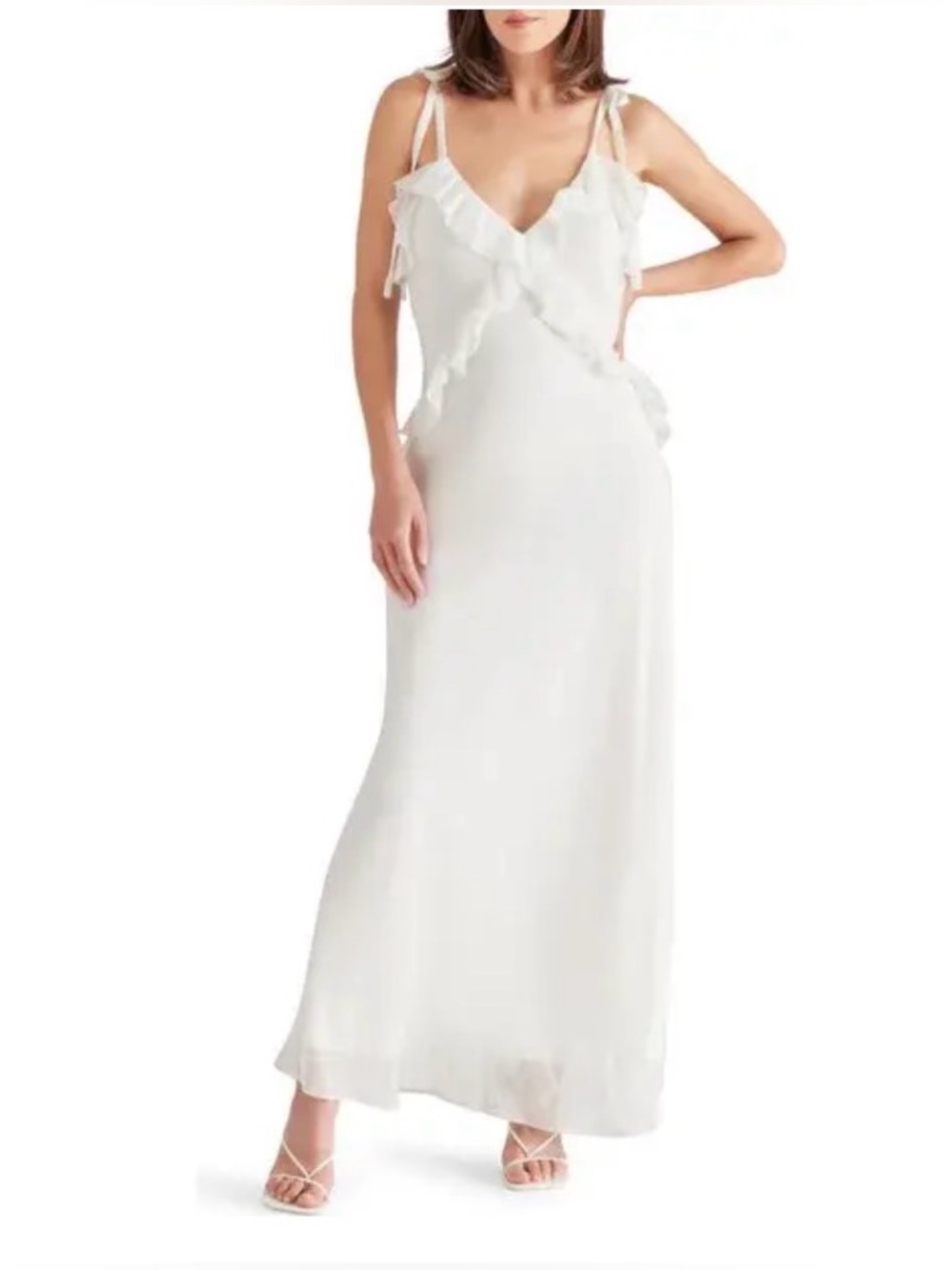 Steve Madden Adalina White Ruffle Maxi Dress Size Large Chiffon Tie Straps L